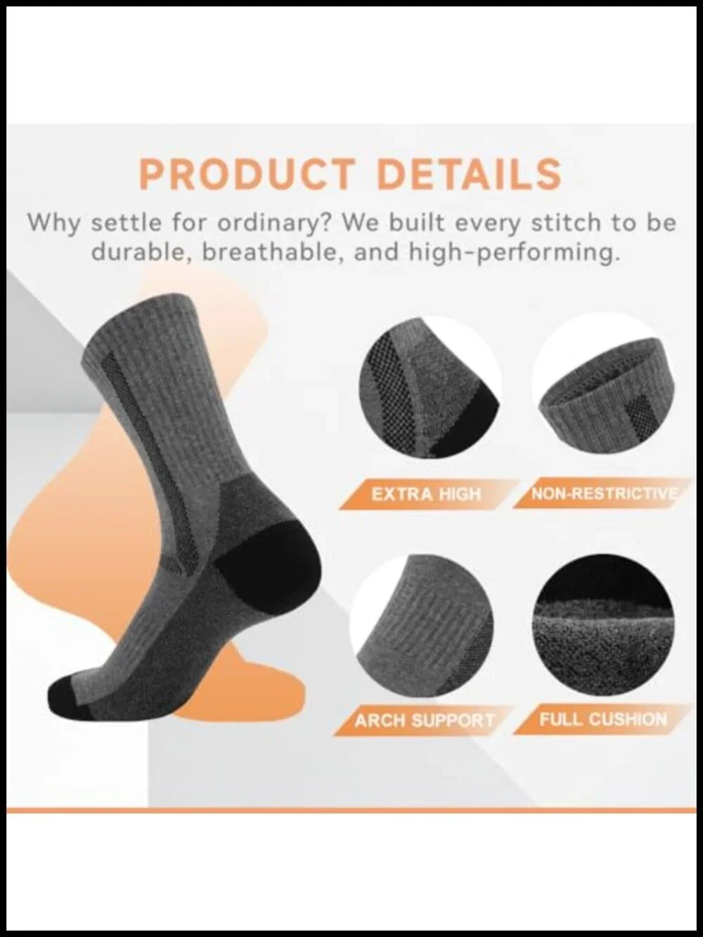 Cushioned Crew Socks for Men Hiking Work Running Cotton Spandex 3-Pack